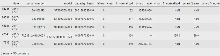 Pandas dataframe showing initial BackBlaze data